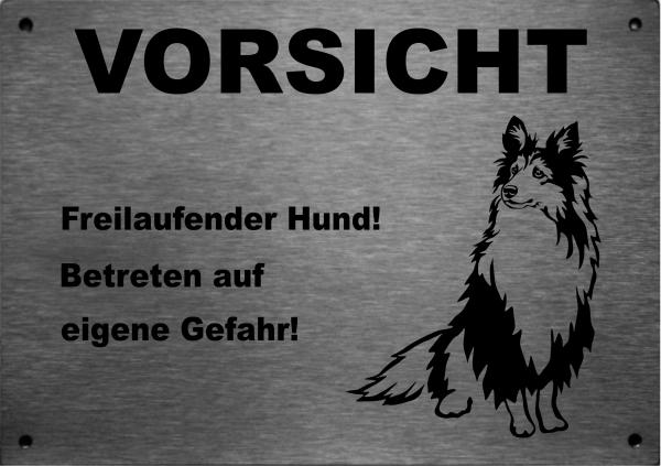 Edelstahl Warnschild Sheltie VORSICHT Freilaufender Hund! Betreten auf eigene Gefahr!